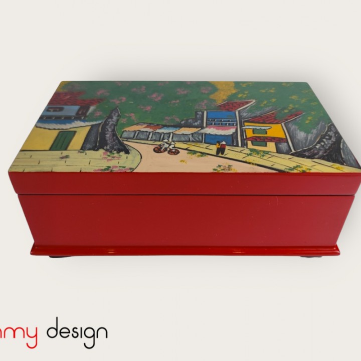 Red rectangular lacquer box hand-painted with Old Quarter/ small size / 15*25*H12cm